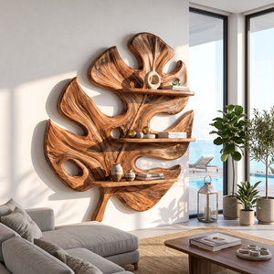 Tropical Leaf Solid Wood Wall Shelf with Sculptural Botanical Design
