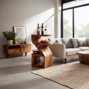 Solid Wood Curved Accent Table with Integrated Shelves for Modern Home