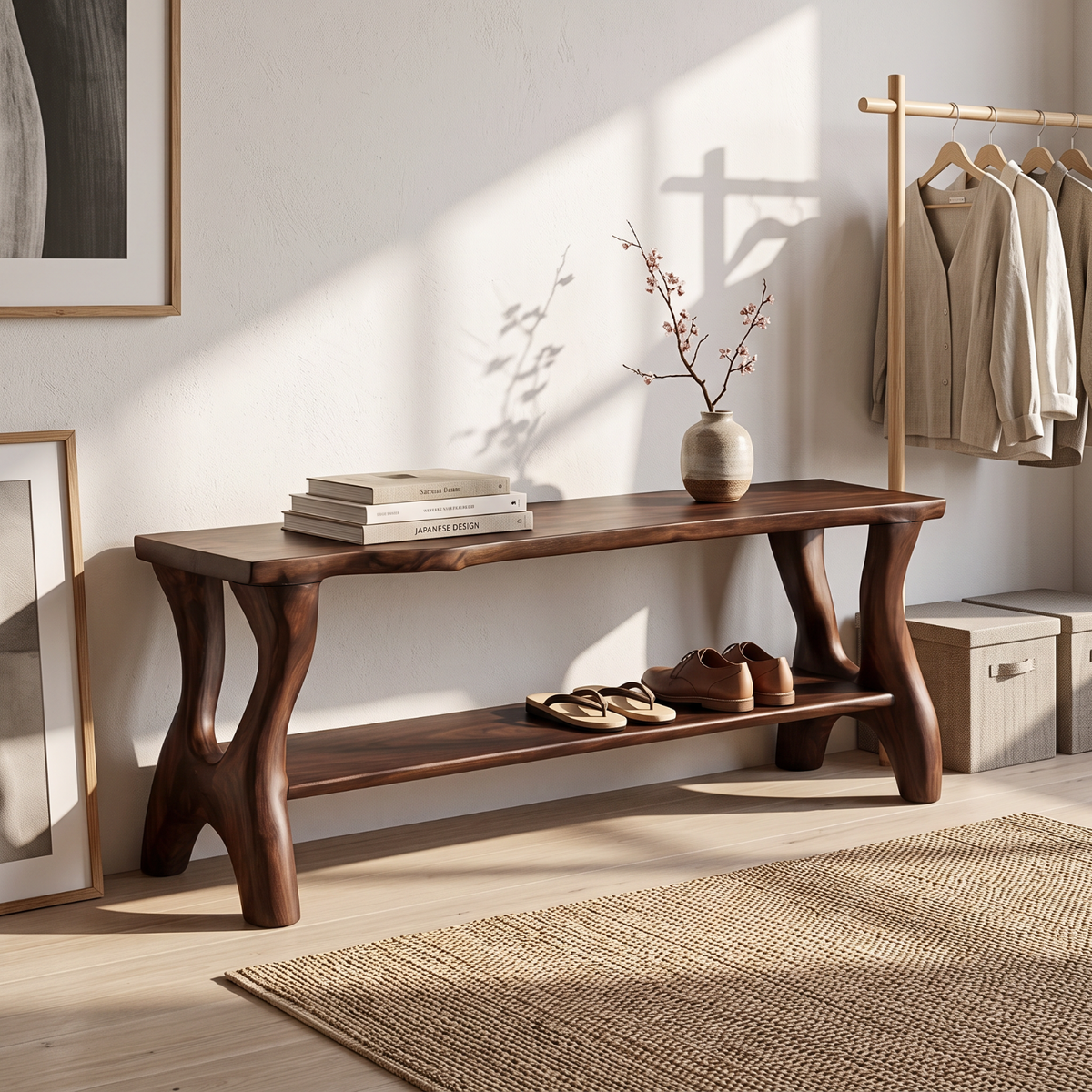 Handcrafted Solid Wood Shoe Bench with Organic Legs and Open Storage Shelf