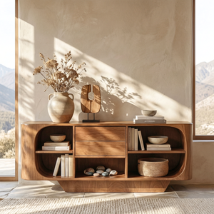 Sculptural Solid Wood Sideboard with Center Drawers and Rounded Open Shelves, Organic Modern Storage Cabinet