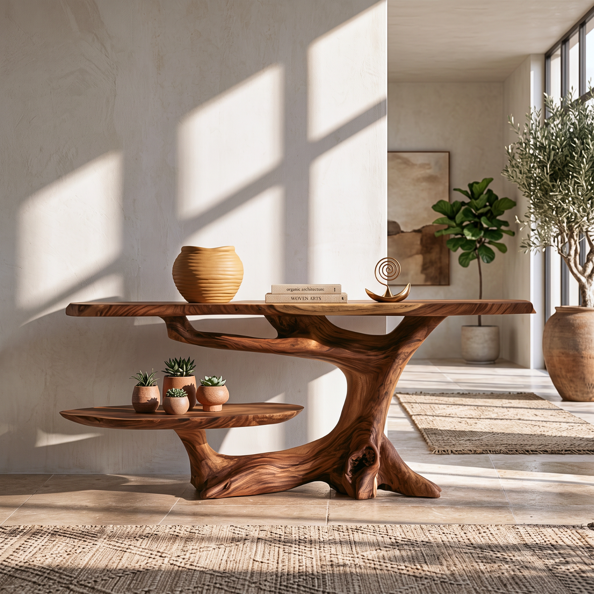 Handcrafted Solid Wood Console Table with Tree Root Base and Side Shelf