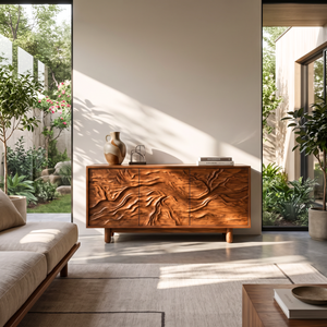 Sideboard Cabinet Solid Wood with Sculpted Flowing Relief Doors