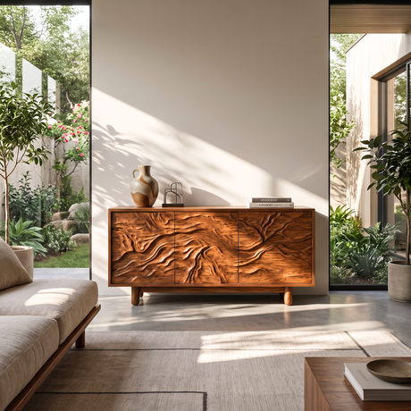 Sideboard Cabinet Solid Wood with Sculpted Flowing Relief Doors