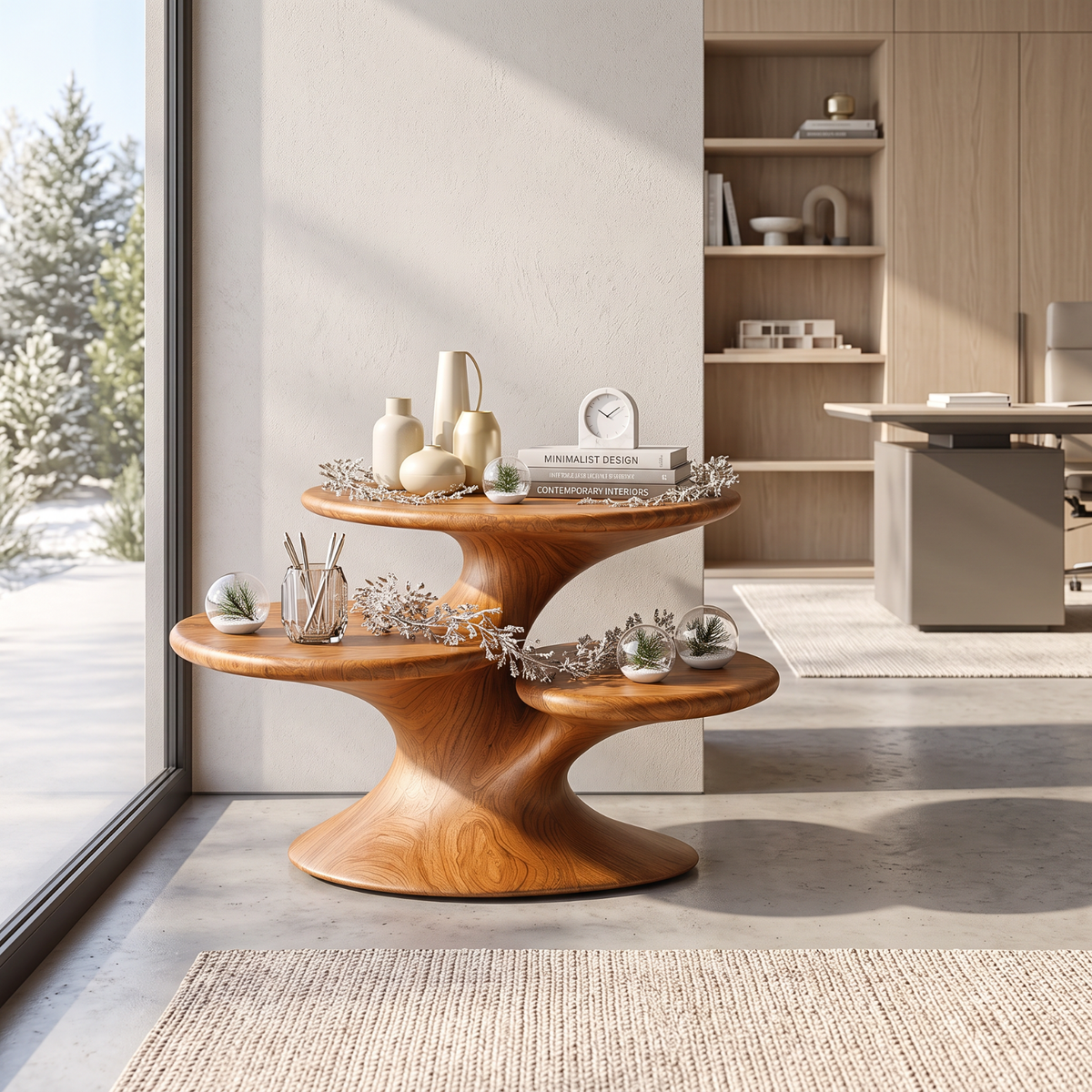 Sculptural Solid Wood Side Table with Three Tier Organic Shelves