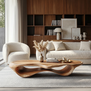 Handcrafted Organic Solid Wood Coffee Table with Continuous Hollow Wave Base