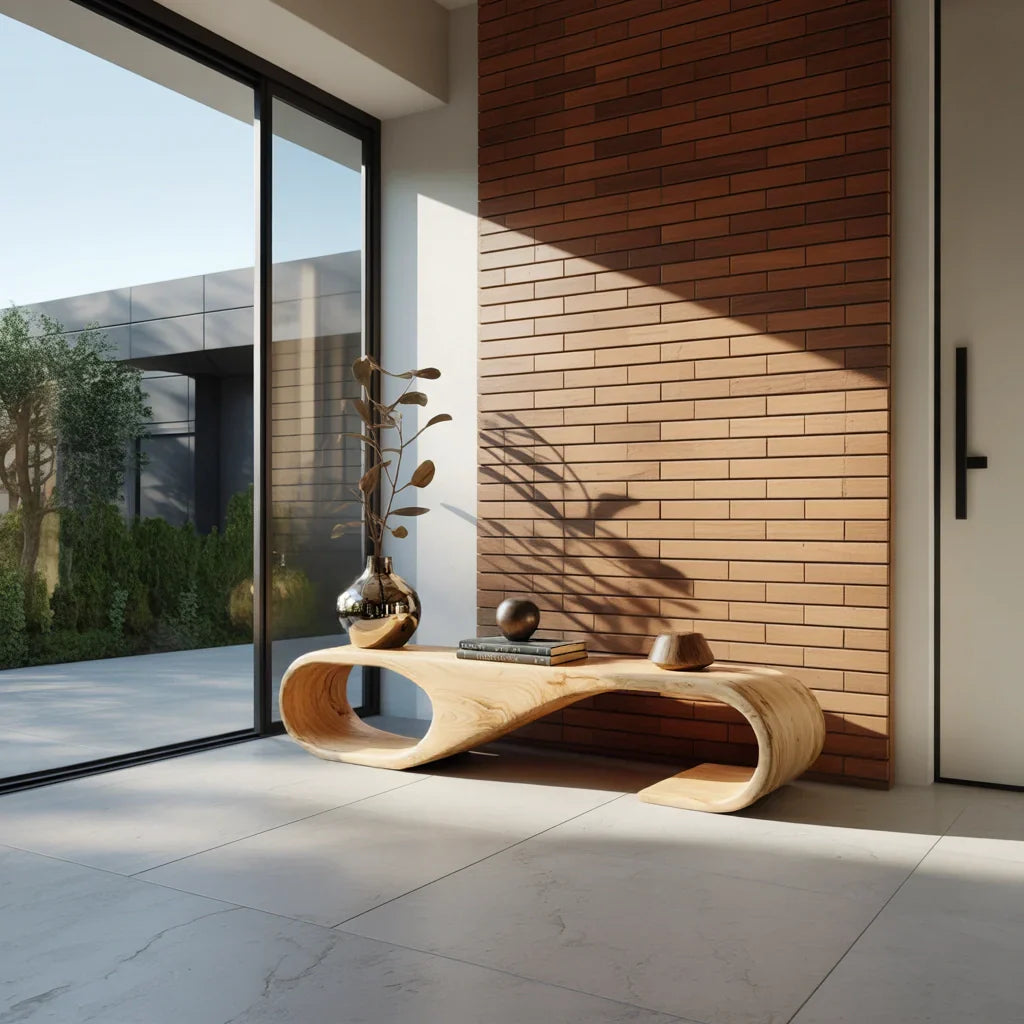 Sculptural Solid Wood Bench with Oval Loop End for Modern Entryway