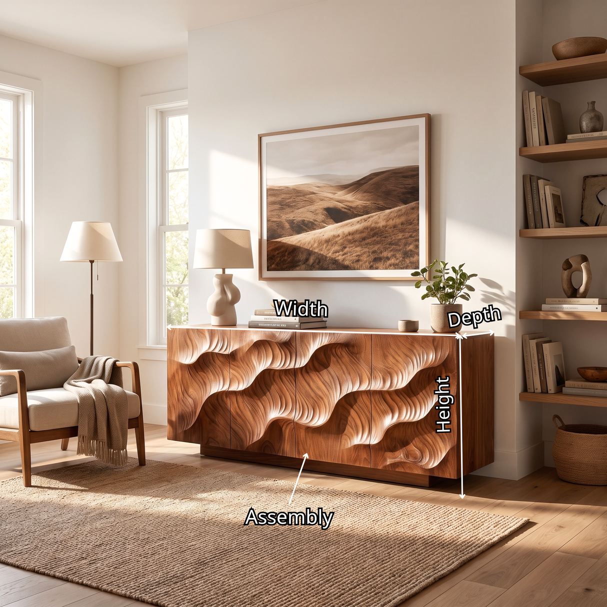 Sideboard Solid Wood with Sculptural Layered Dune Carved Doors for Living Room