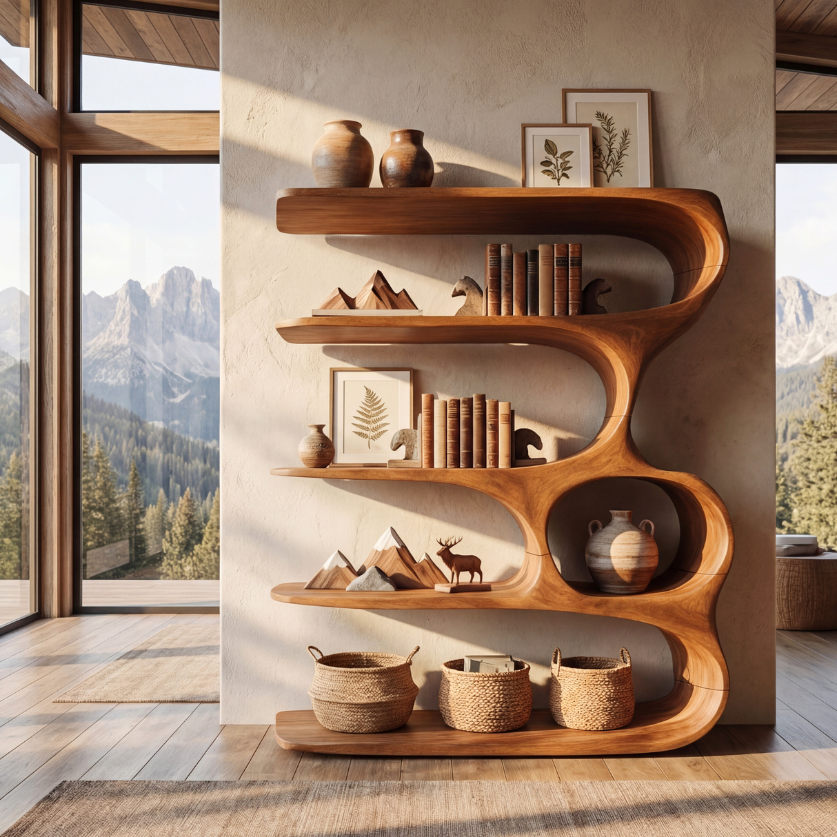 Ribbon Curve Wood Bookcase with Long Floating Display Shelves
