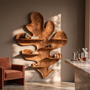Solid Wood Leaf Sculpture Wall Shelf for Living Room, Organic Wall Mounted Display Decor