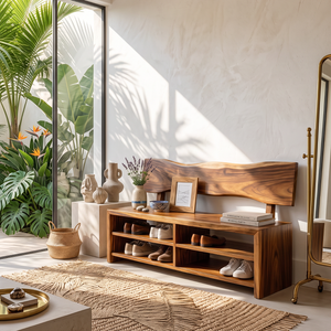 Handcrafted Solid Wood Shoe Cabinet with Open Shelves and Organic Backrest