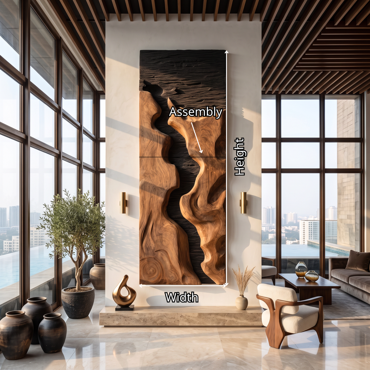 Abstract Solid Wood Wall Art with Freeform Canyon Relief and Dark Textured Background