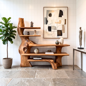 Sculptural Solid Wood Console Table with Organic Base and Open Display Shelves Artistic Freeform Console Table