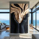 Handcrafted Solid Wood Face Wall Sculpture with Flowing Grain Hair and Black Relief Hands