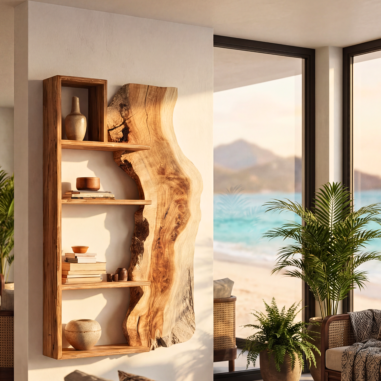 Solid Wood Live Edge Wall Shelf Geometric Frame Multi Tier Floating Storage