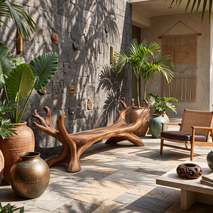 Sculptural Solid Wood Garden Bench with Branch Inspired Frame