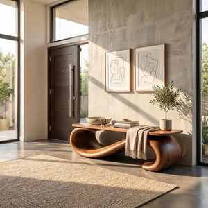 Organic Wood Bench with Sculptural Loop Base for Modern Interiors