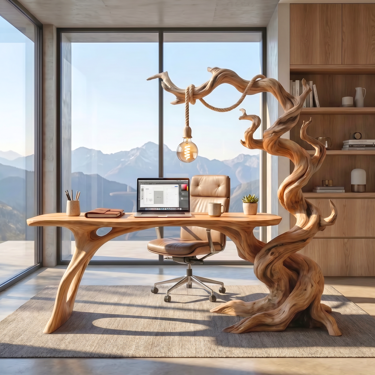 Twisted Tree Wood Desk With Hanging Lamp Organic Sculptural Office Table