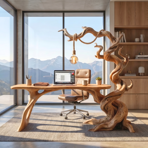 Twisted Tree Wood Desk With Hanging Lamp Organic Sculptural Office Table