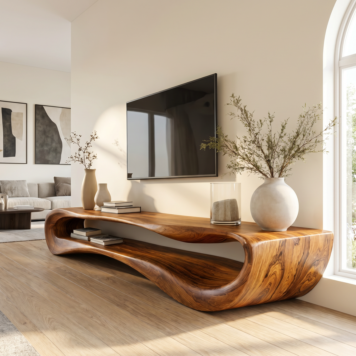 Organic Solid Wood TV Stand with Curved Open Shelf