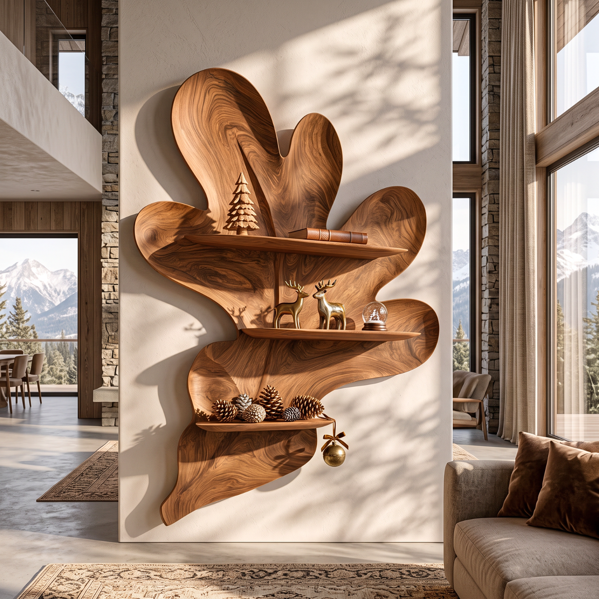 Organic Botanical Solid Wood Wall Shelf with Sculptural Leaf Display Shelves