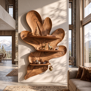 Organic Botanical Solid Wood Wall Shelf with Sculptural Leaf Display Shelves