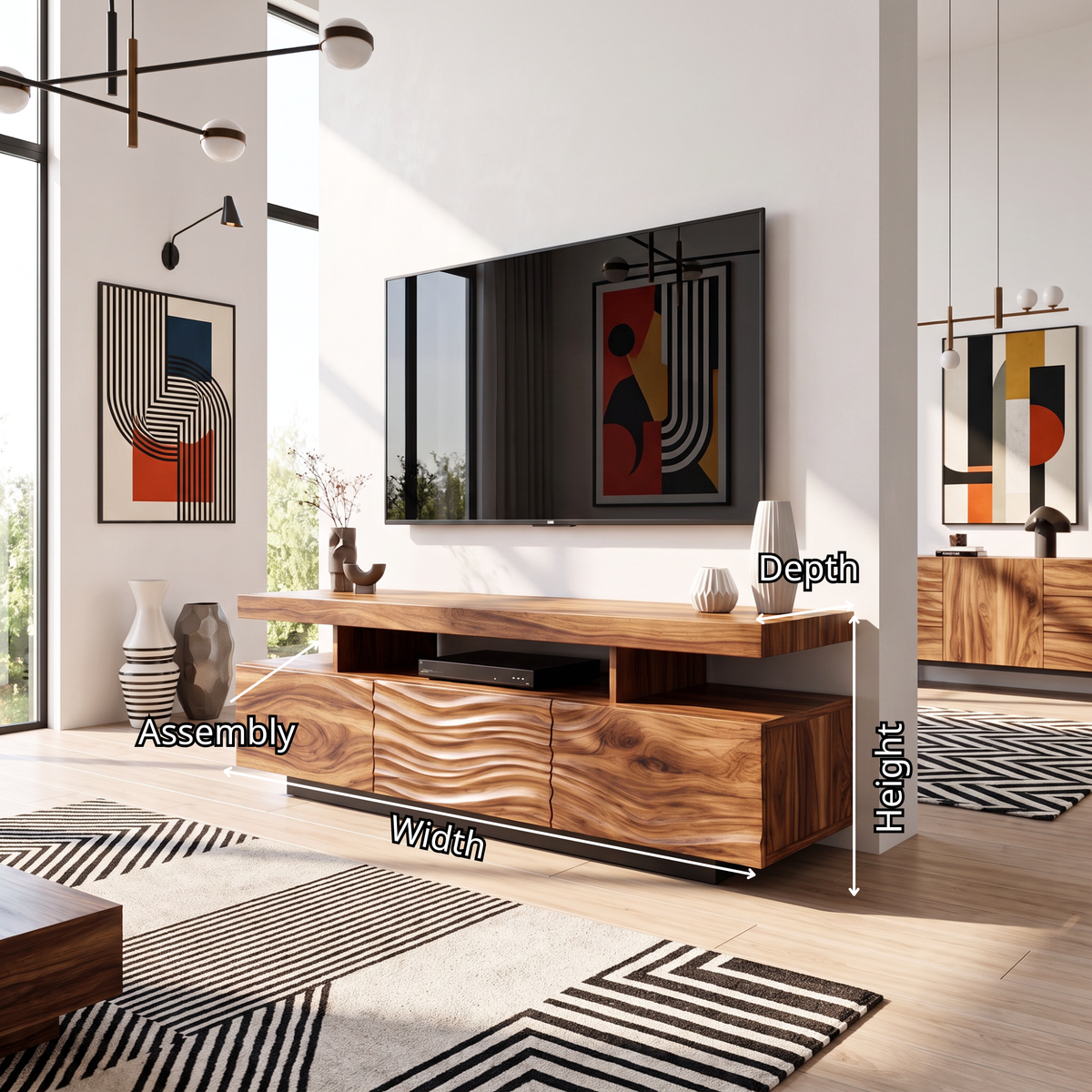 Solid Wood TV Stand with Floating Top and Sculpted Wave Front Cabinet