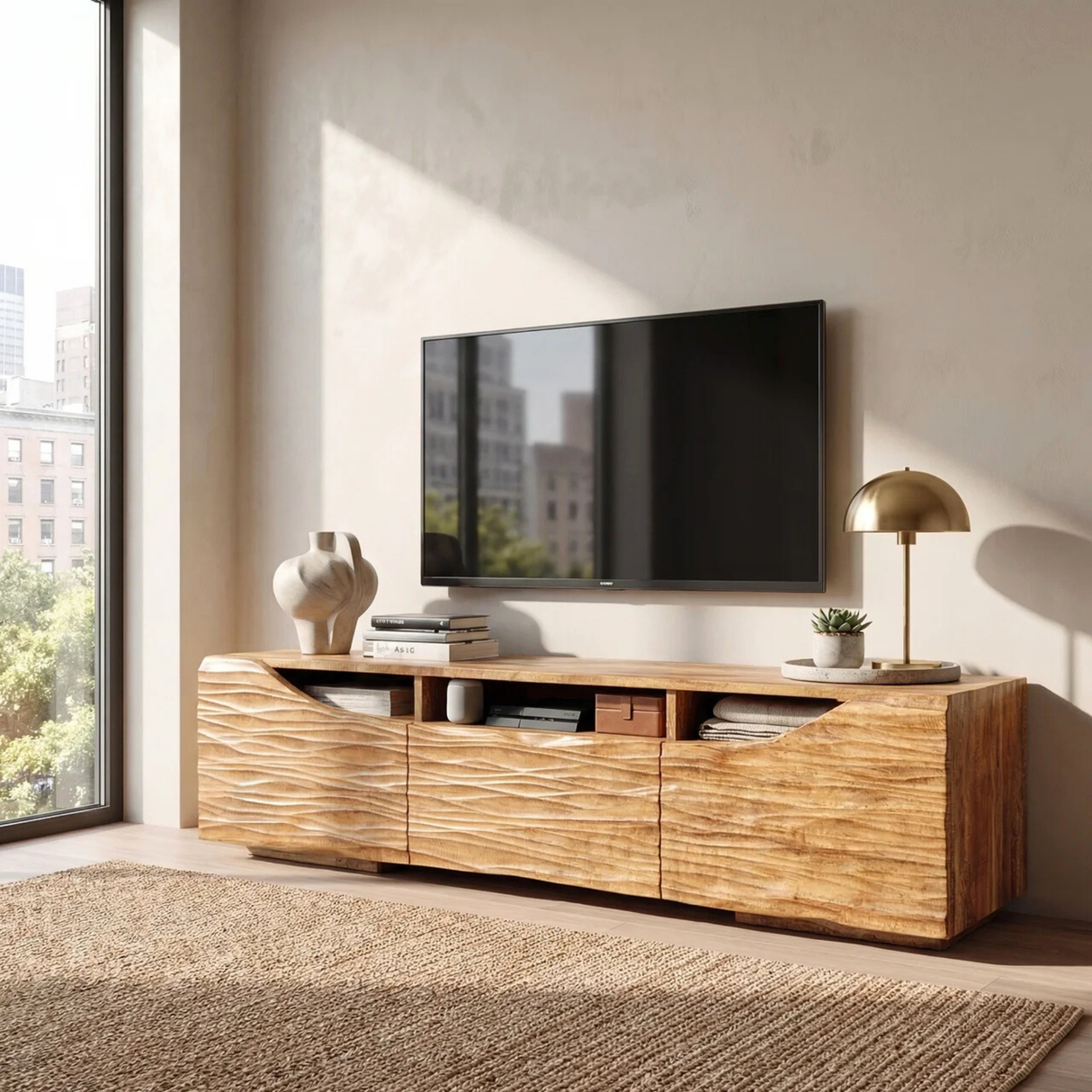 Sculptural Wood TV Cabinet with Carved Wave Front for Modern Interiors
