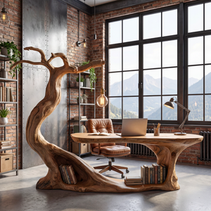 Sculptural Solid Wood Desk with Integrated Hanging Lamp and Open Shelf, Organic Writing Table, Artistic Reading Workspace