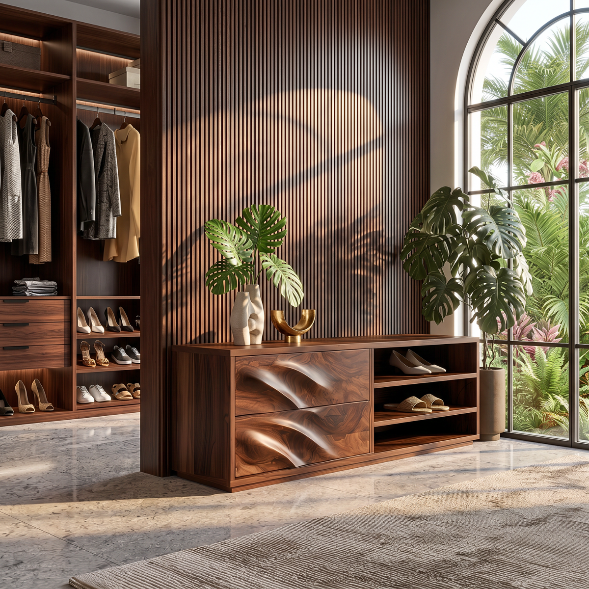 Modern Solid Wood Shoe Cabinet with Sculpted Drawers and Open Shelves