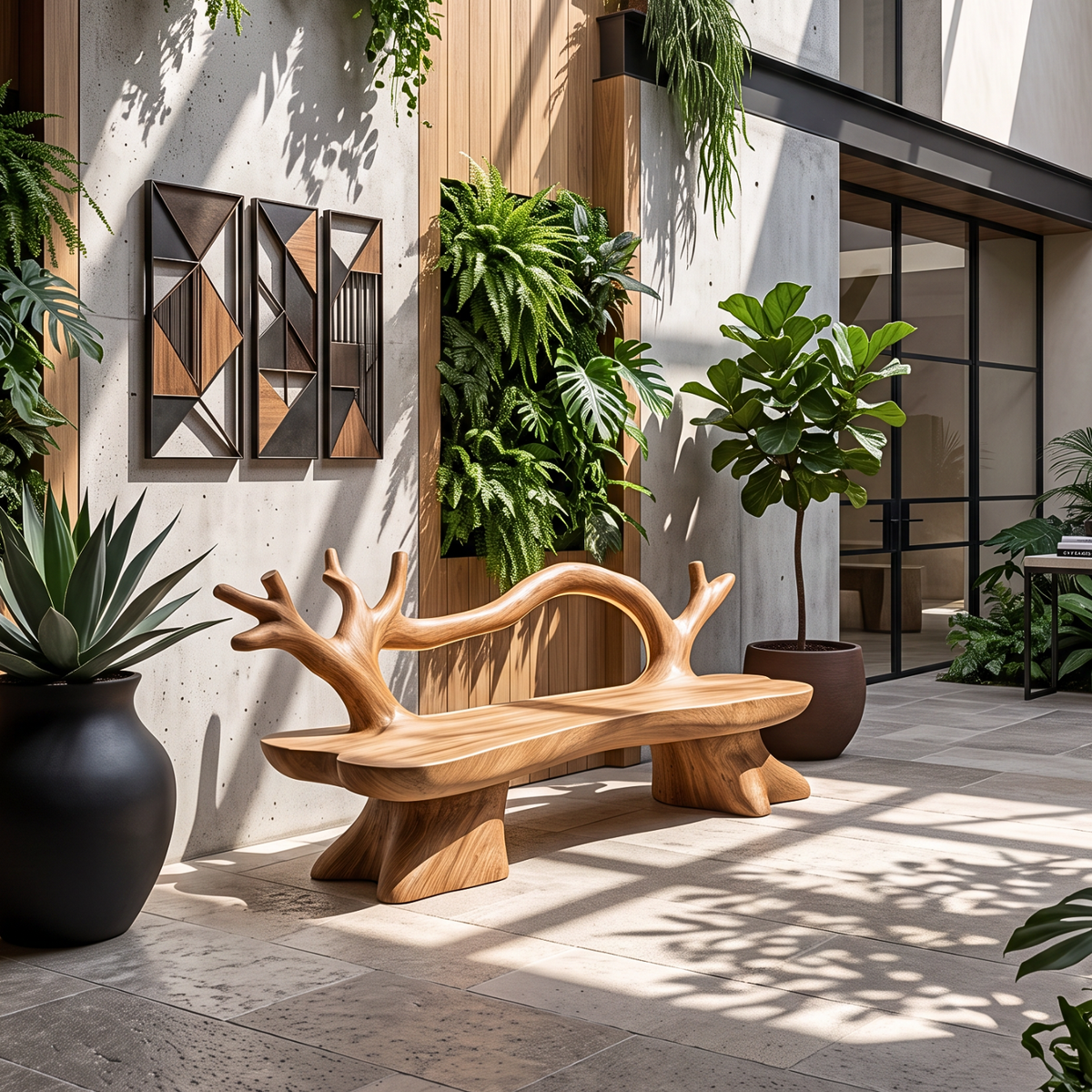 Organic Solid Wood Garden Bench with Sculptural Loop Backrest