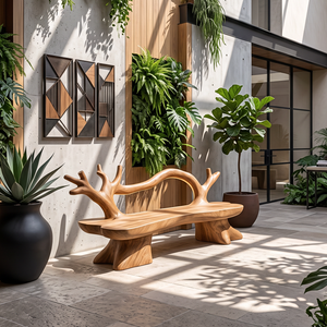 Organic Solid Wood Garden Bench with Sculptural Loop Backrest