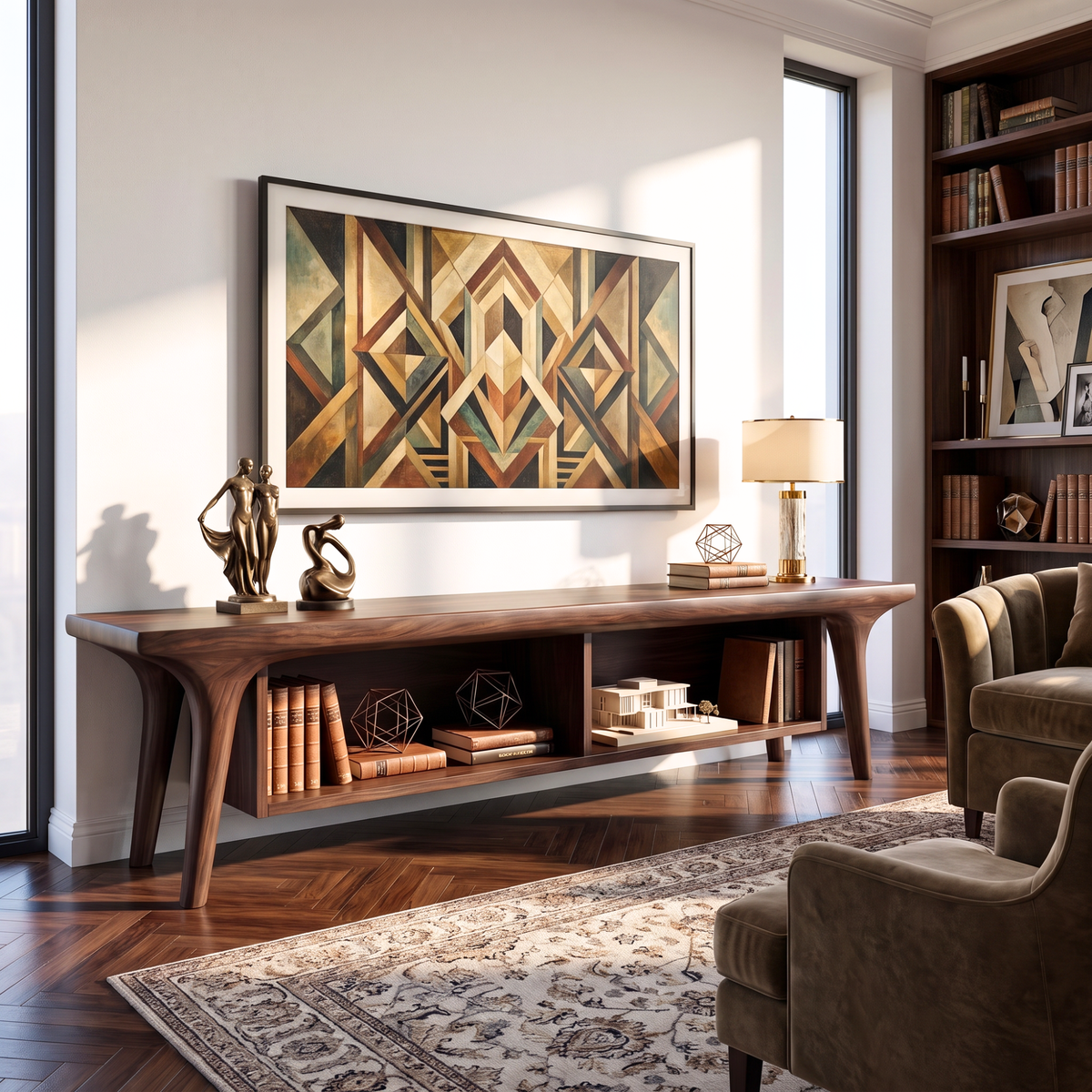 Solid Wood TV Cabinet with Open Shelving, Mediterranean Modern Media Console