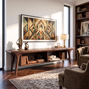 Solid Wood TV Cabinet with Open Shelving, Mediterranean Modern Media Console