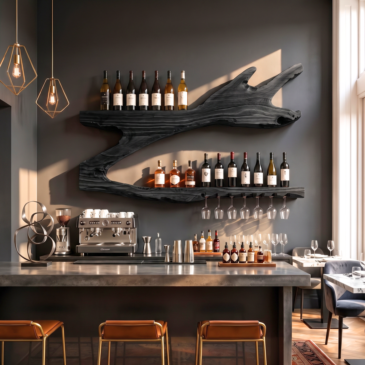 Wall Mounted Wine Rack Solid Wood Organic Branch Shelves for Home Bar