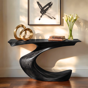 Console Table Solid Wood with Sculptural Crescent Curve Base