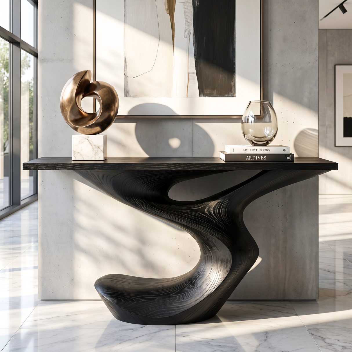 Console Table Solid Wood with Sculptural Flowing Curve Base