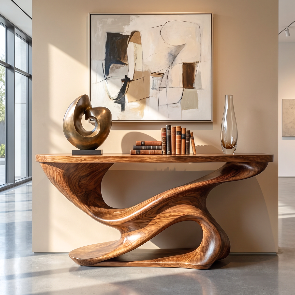 Console Table Solid Wood with Sculptural Double Wave Base for Entryway Decor
