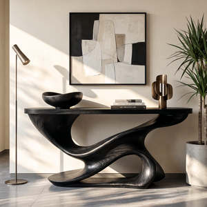Console Table Solid Wood with Sculptural Double Wave Base for Entryway Decor
