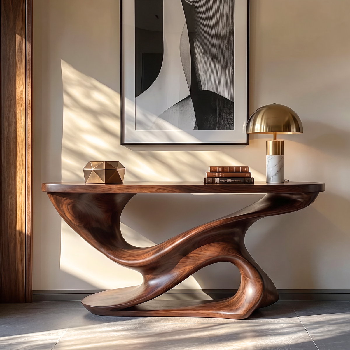 Console Table Solid Wood with Sculptural Double Wave Base for Entryway Decor