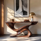 Console Table Solid Wood with Sculptural Double Wave Base for Entryway Decor