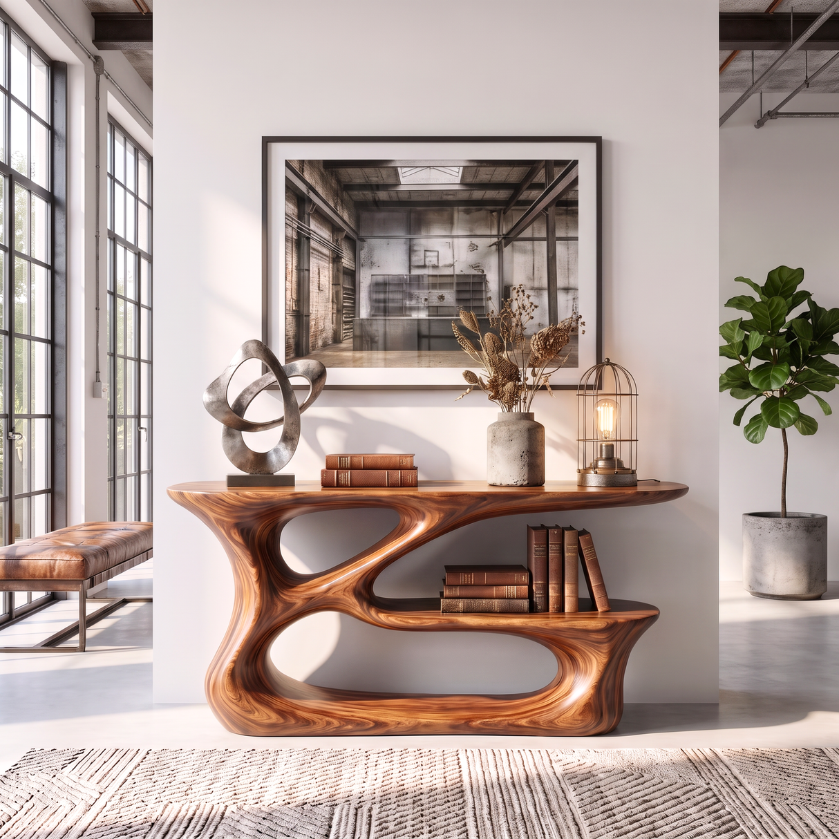 Console Table Solid Wood with Sculptural Tiered Loop Base