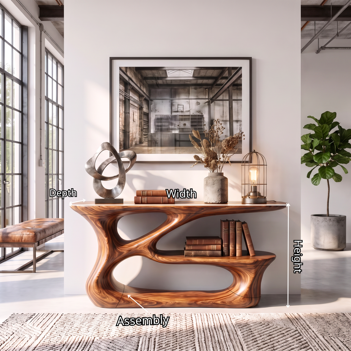 Console Table Solid Wood with Sculptural Tiered Loop Base