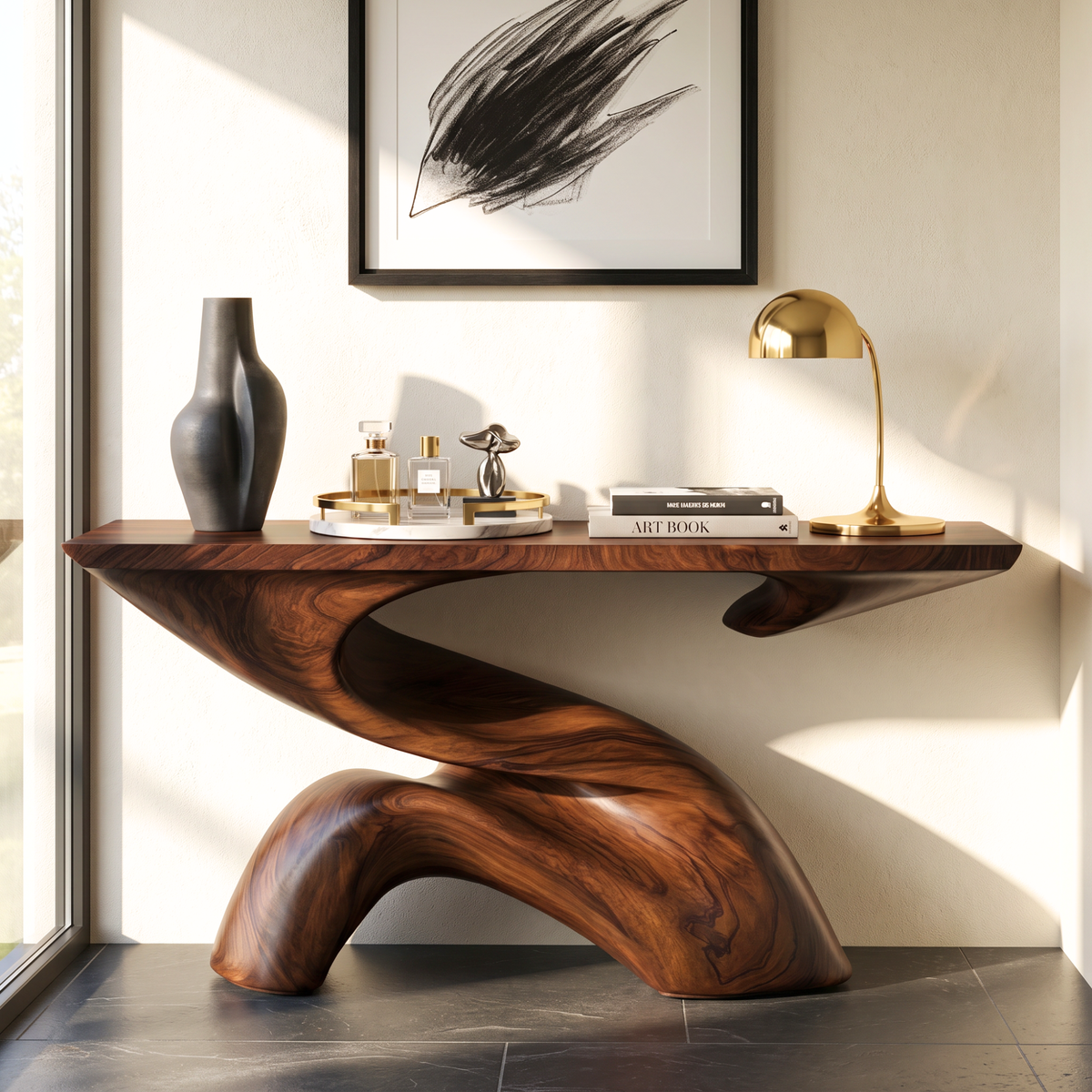 Console Table with Sculptural S Curve Base for Entryway Decor
