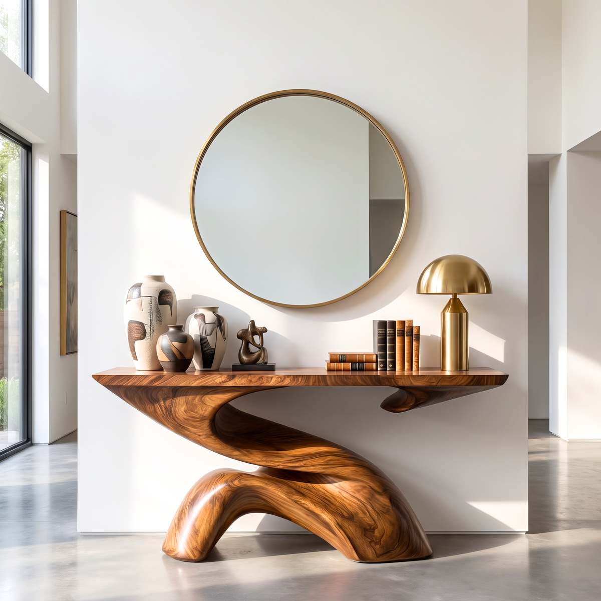 Console Table with Sculptural S Curve Base for Entryway Decor