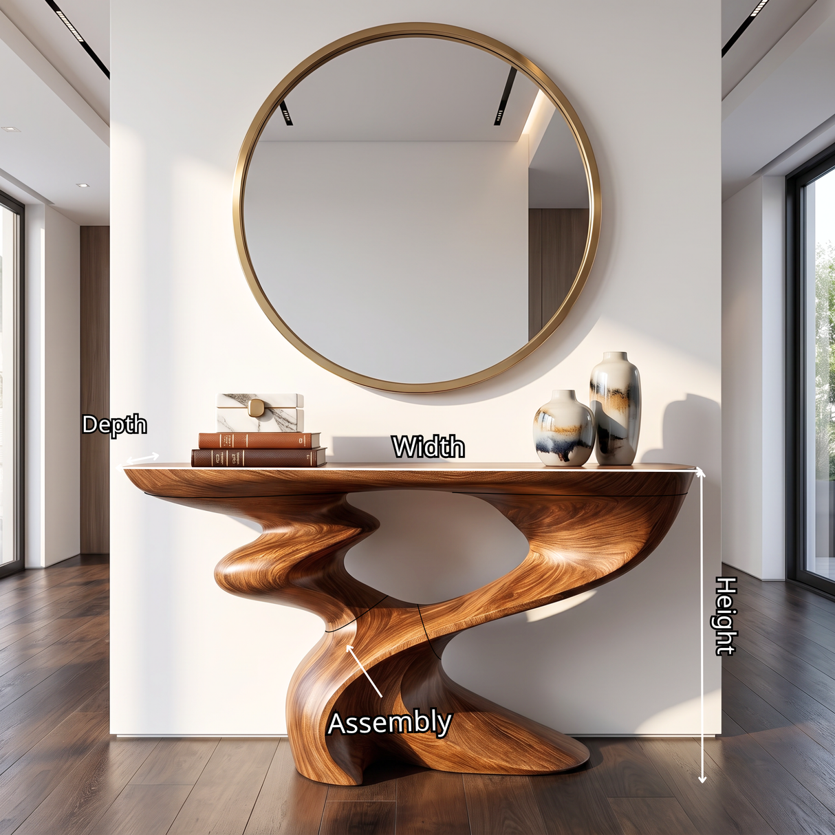 Console Table Solid Wood with Sculptural Spiral Curve Base