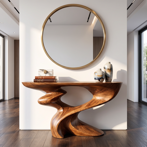 Console Table Solid Wood with Sculptural Spiral Curve Base