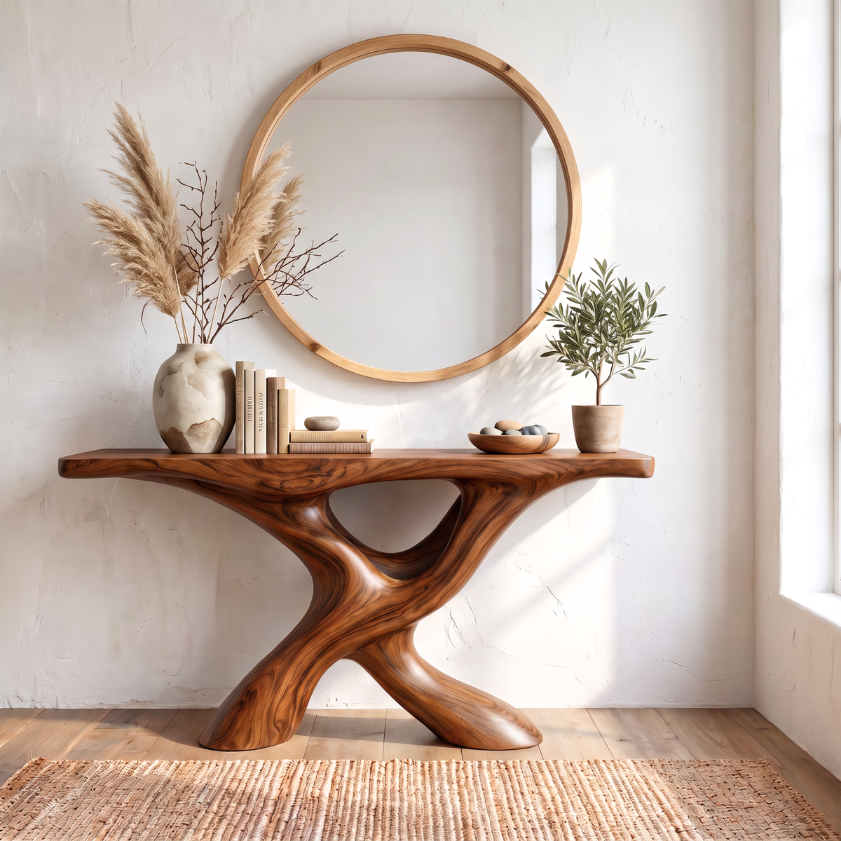 Console Table Solid Wood with Sculptural Intertwined Branch Base