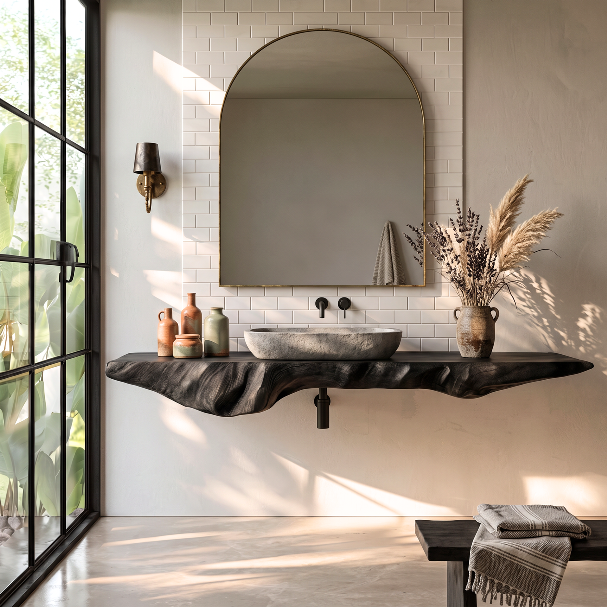 Solid Wood Floating Bathroom Vanity Shelf with Organic Carved Edge