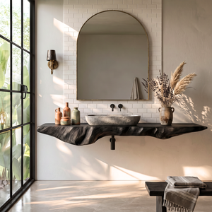 Solid Wood Floating Bathroom Vanity Shelf with Organic Carved Edge