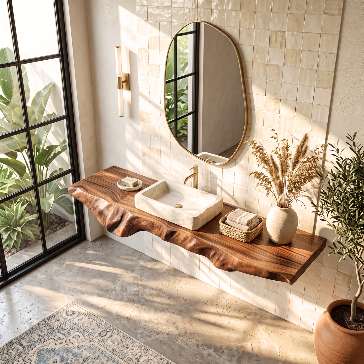 Solid Wood Floating Bathroom Vanity Shelf with Organic Carved Edge
